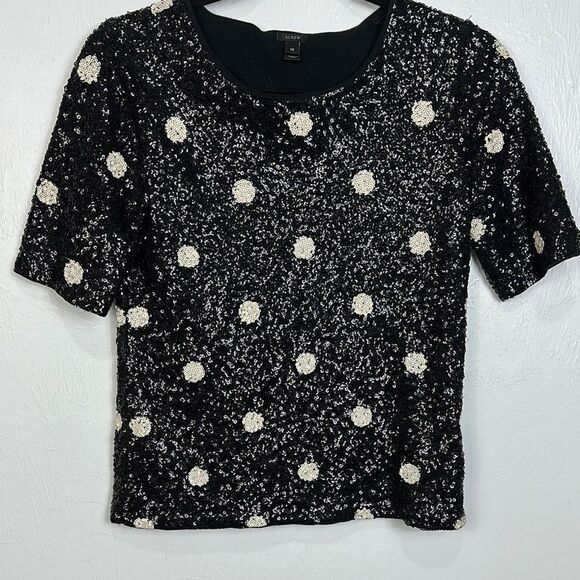 J. Crew Cotton Sequin Polka Dot Top Blouse Black White Size XS - Picture 3 of 11
